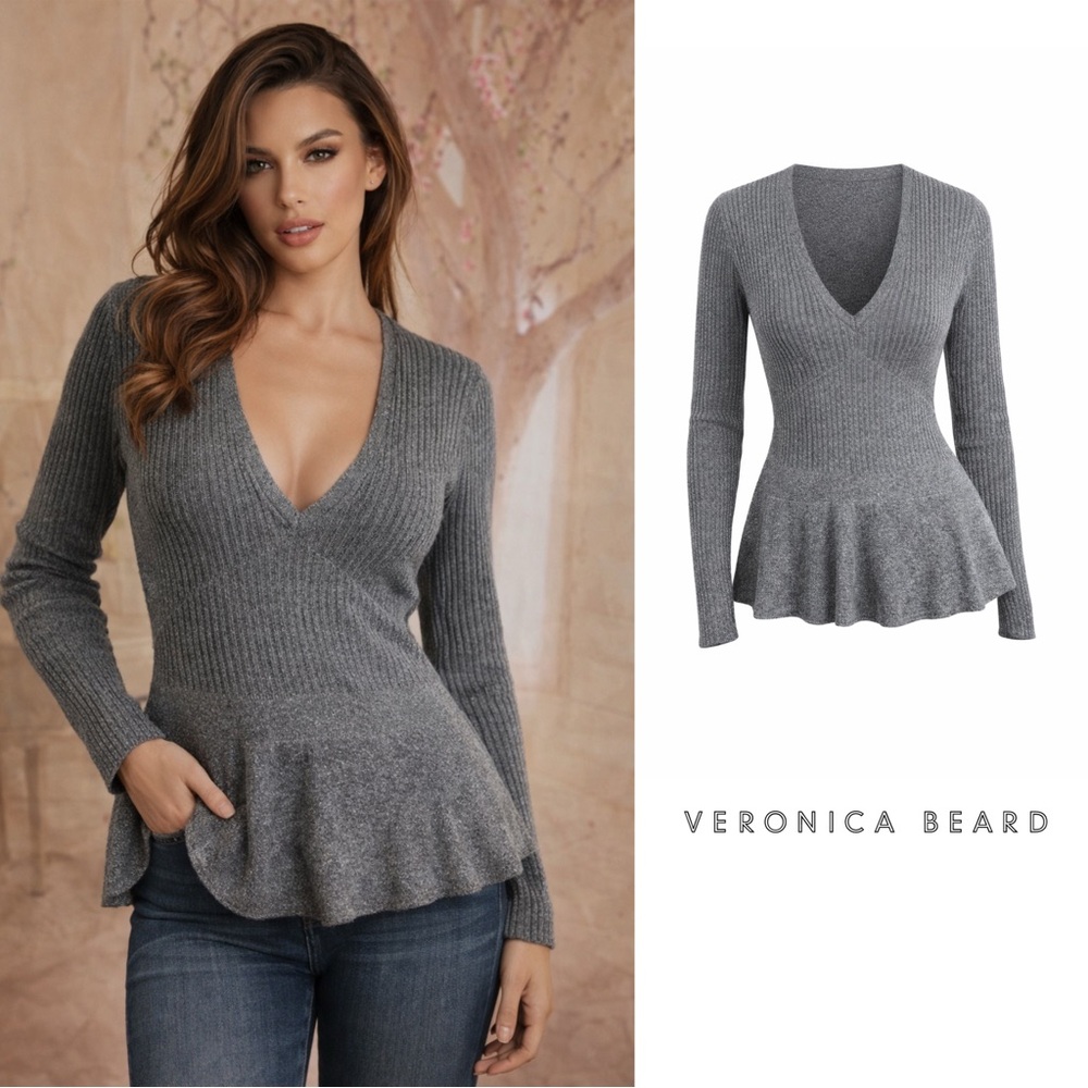NEW VERONICA BEARD ESMERALDA METALLIC RIBBED-KNIT PEPLUM TOP